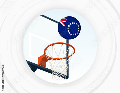 Cook Islands Flag Themed Basketball in Motion, Scoring Moment in Basketball Game.