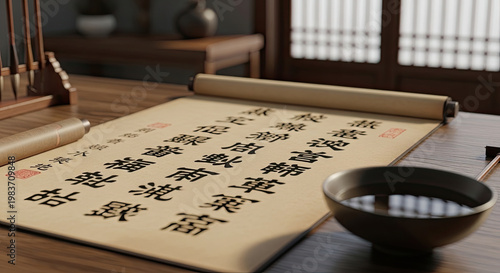 Traditional calligraphy scroll with black ink characters on aged paper Asian art vintage aesthetic oriental writing close-up detail