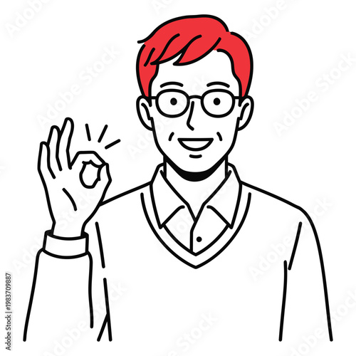 Smiling middle aged man with glasses making ok gesture hand sign vector illustration positive agreement approval