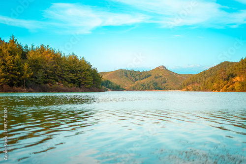 Фотография Serene lake surrounded by pine forest and rolling hills under a bright blue sky