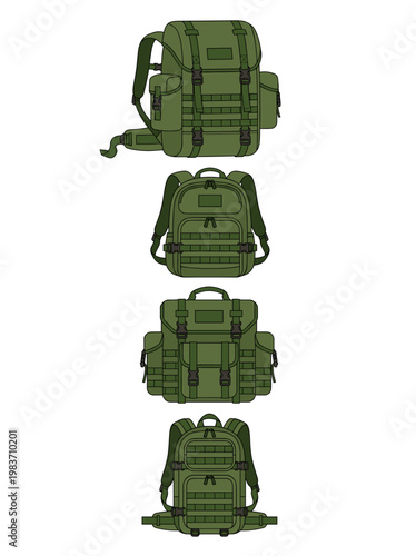 Different views of a military green tactical backpack isolated on a vertical row