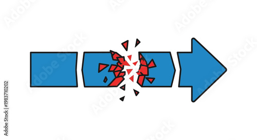 broken arrow representing business disruption or a process interruption symbolizing an obstacle or challenge to overcome.