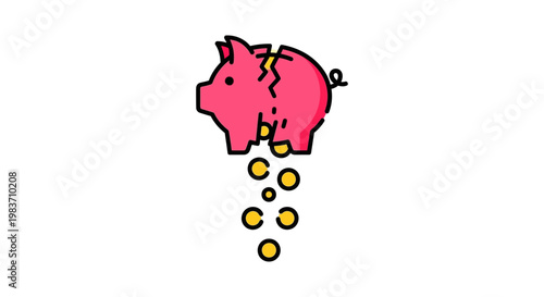 broken piggy bank with gold coins spilling out symbolizing financial loss economic crisis debt and lost savings.