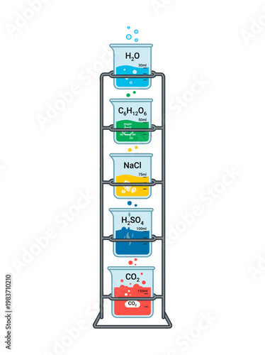 Colorful beakers containing various chemical solutions are displayed on a rack, illustrating scientific experimentation