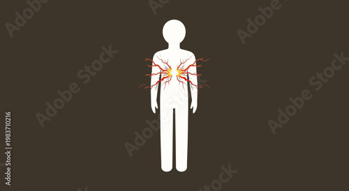 chest pain heart attack stress and anxiety illustrated by a human silhouette with internal radiating pain for health topics.