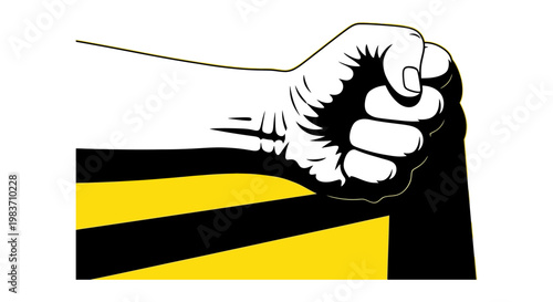 clenched fist graphic a powerful symbol of protest and strength on yellow and black stripes for determination.