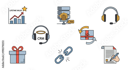 customer relationship management crm icons for customer service loyalty programs lifetime value and data management concepts.