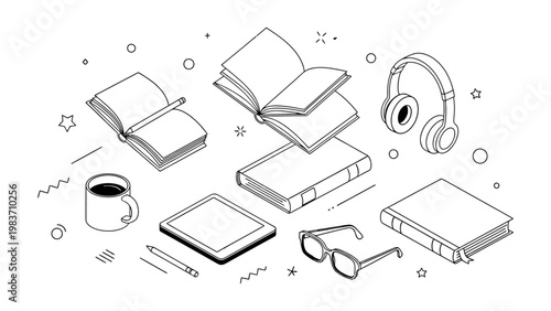 education and learning tools in an isometric line art style perfect for studying reading and productivity concepts.
