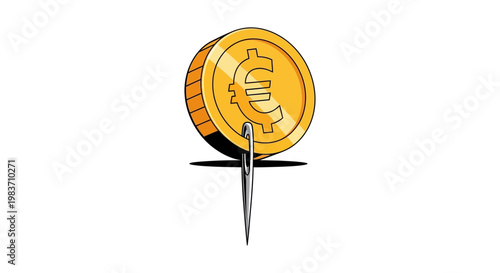 euro coin pierced by a sewing needle visually representing financial crisis debt and economic pressure.