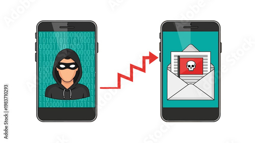 hacker performing a phishing attack sending a dangerous malware message to a smartphone user illustrating mobile cyber security risks.