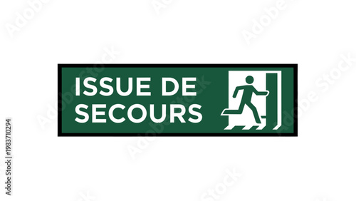 green emergency exit sign with french text issue de secours and running person pictogram for safety and evacuation.