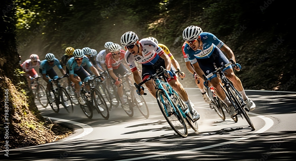 Obraz premium Professional cyclists racing on a winding road through a forest