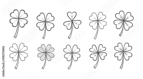 Collection of ten hand drawn outline shamrock and four leaf clover lucky