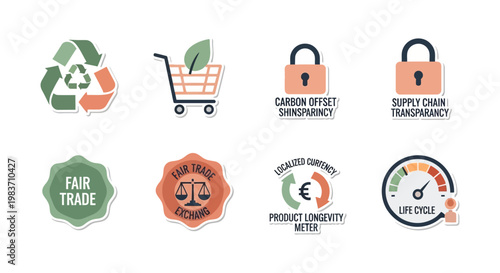 sustainability icons ethical business fair trade and environmental responsibility symbols demonstrating supply chain transparency product life cycle and carbon offset concepts ideal for csr designs.