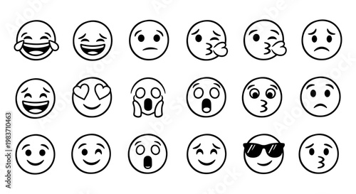 a diverse collection of black and white emoji icons expressing various human emotions perfect for social media ui ux and graphic design.