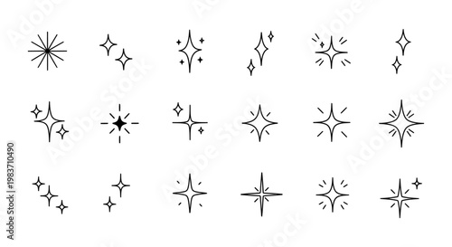 a versatile collection of black and white vector sparkle icons and shining stars perfect for graphic design projects requiring clean magical or celebratory effects.