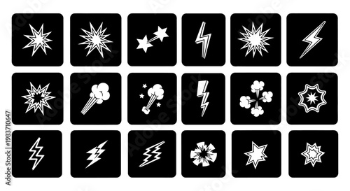 comic book effects explosion icons lightning bolts and speed bursts a collection of power symbols for dynamic visual storytelling.