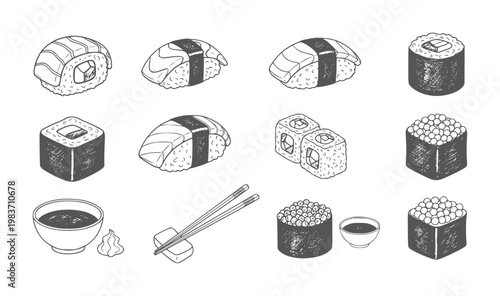 Hand drawn sushi and sashimi assortment with chopsticks and soy sauce salmon roll