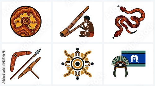 Australian Aboriginal symbols and objects used in culture and daily life