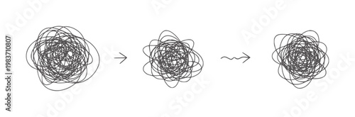 Three tangled scribbles progressing with arrows abstract messy lines
