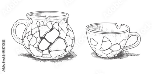 Two hand drawn ceramic cups with cracked patterns and handles