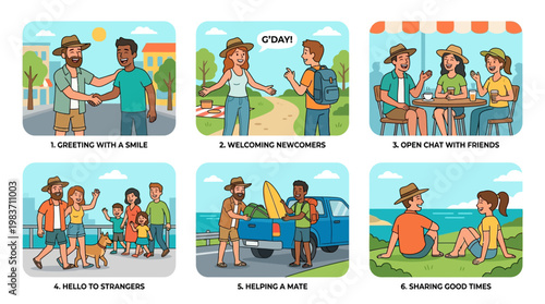 Cartoon people showing friendly social interactions in six different casual scenes outdoors and in a cafe