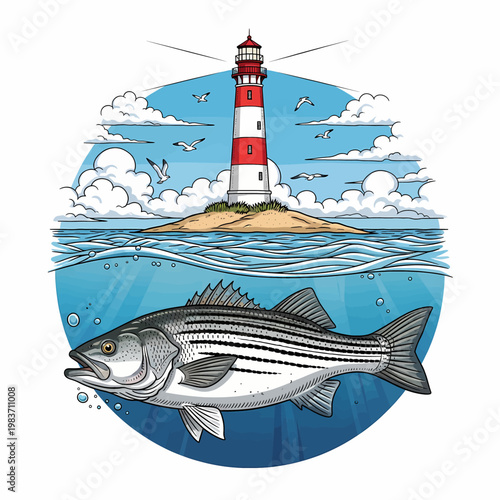 Striped bass swimming underwater with a lighthouse on an island in the background.