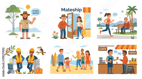 Australian mateship depicted through various friendly social interactions and everyday life scenes