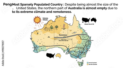 Australia's northern region is extremely sparsely populated due to its harsh climate and remote location almost the size of the US