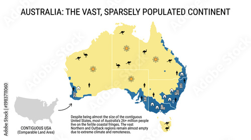 Australia's population distribution shown on a map of the continent