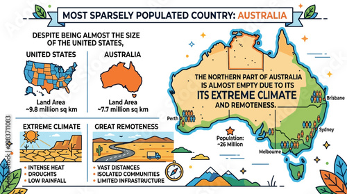 Australia's vast land and sparse population due to harsh climate and remoteness