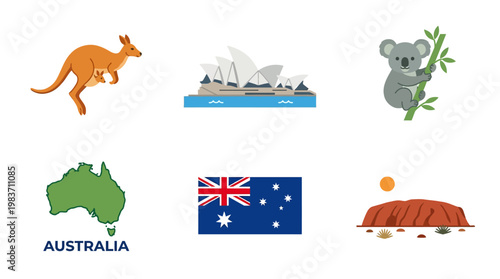 Iconic Australian symbols and landmarks illustrated in a colorful graphic design