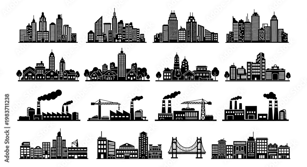 Obraz premium black cityscape silhouettes and urban building icons illustrate modern architecture and industrial development