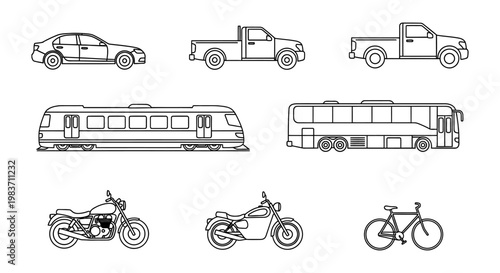 a set of simple line art icons representing different modes of transport including cars trucks trains buses motorcycles and bicycles