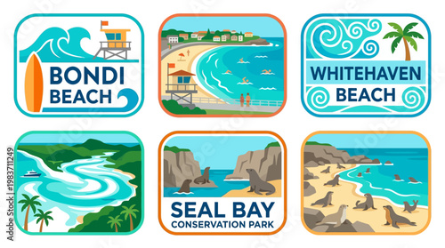 Australian beach signs with illustrations of Bondi Beach, Whitehaven Beach, and Seal Bay Conservation Park