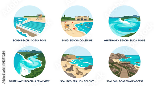 Scenic Australian beaches and coastal attractions illustrated in circular icons