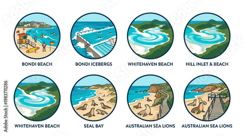 Australian landmarks and beaches with sea lions and popular tourist spots