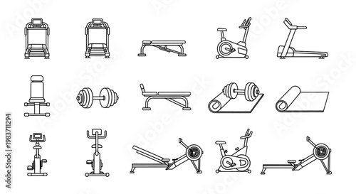 collection of outline icons for gym fitness equipment and exercise machines