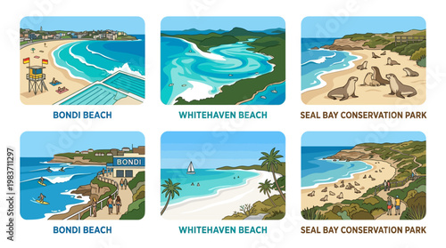 Australian beaches and conservation areas illustrated in a colorful and vibrant style with tourist attractions
