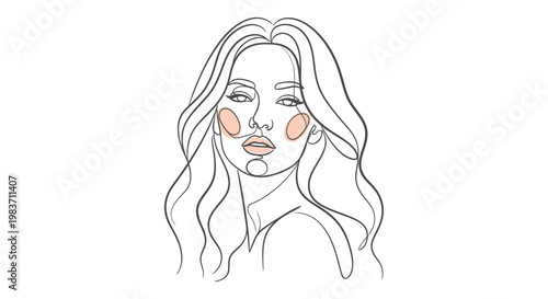 elegant one line drawing of a woman with wavy hair and blush cheeks
