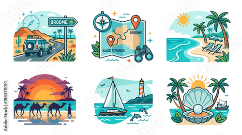 Vibrant travel icons featuring beach scenes, safari adventures, and sailing excursions