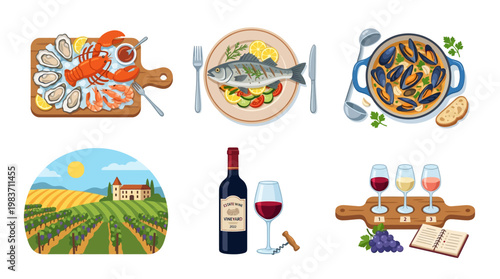 Fresh seafood and wine culinary experience with various dishes