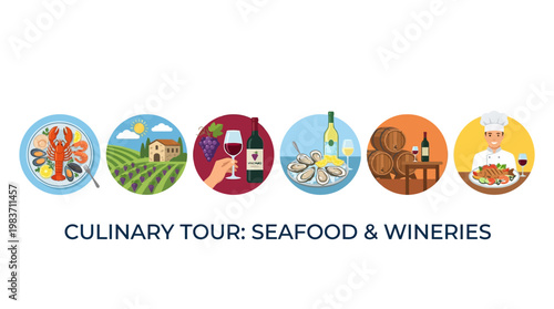 Culinary tour featuring seafood and wineries with various food and drink icons
