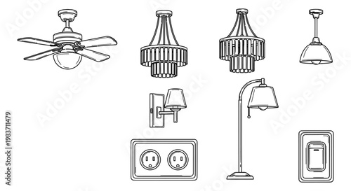 line art collection of diverse electrical fixtures and lighting elements including ceiling fan outlet and switch.
