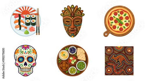 Colorful global cuisine and cultural symbols in one frame