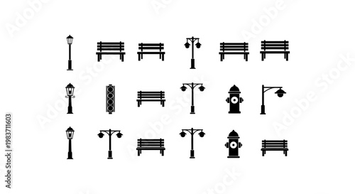 black silhouette urban street furniture and lighting icon set perfect for graphic design resources.