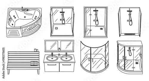 collection of bathroom fixtures and furniture including jacuzzi shower stalls sink vanity and bench