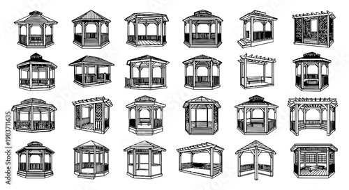 collection of diverse outdoor gazebo and pergola designs for garden and park settings