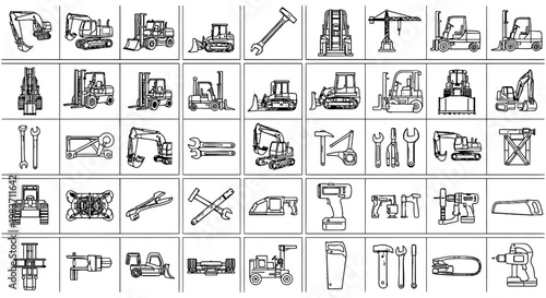 collection of various construction and industrial machinery and tools line art