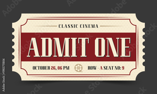 Retro red admit one movie ticket stub illustration for classic cinema